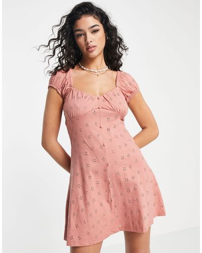 ASOS Broderie Bust Detail Mini Tea Dress With Buttons - Pink
