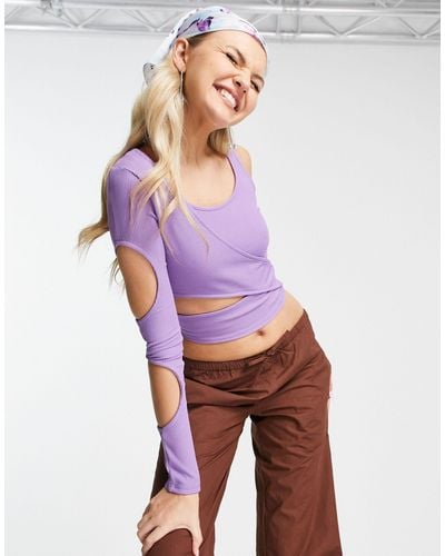 Collusion Long Sleeve Cut Out Rib Top - Purple
