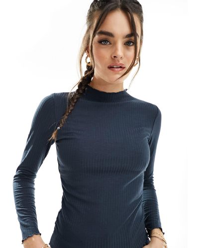 ONLY Lettuce Edge High Neck Ribbed Top - Blue