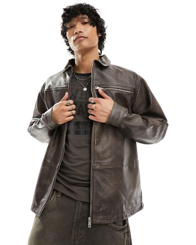 ASOS Real Leather Oversized Distressed Harrington Jacket - Gray