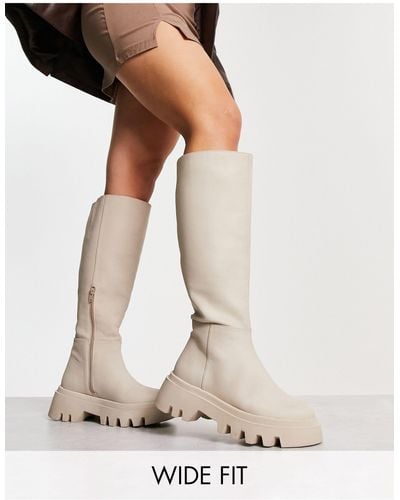 Simply Be Wide Fit Knee Flat Boot With Cleated Sole - Natural