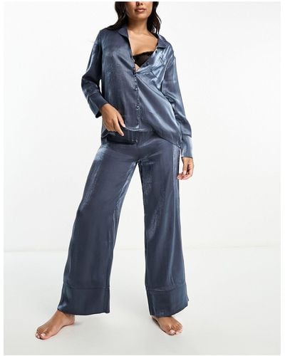 Loungeable Satin Revere Top And Trouser Pyjama Set - Blue