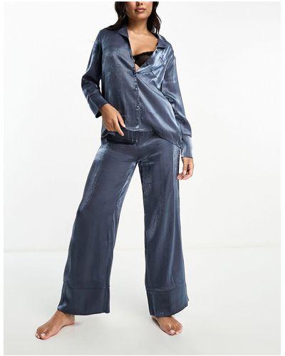 Loungeable Satin Revere Top And Trouser Pajama Set - Blue