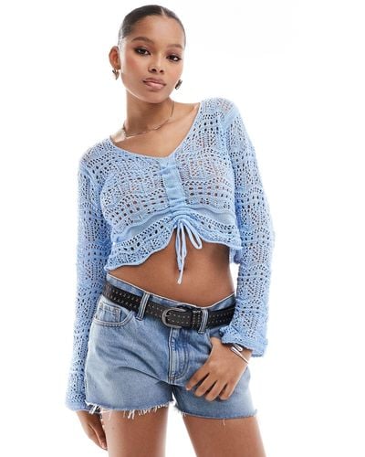 Pieces Crochet Ruched Front Top - Blue