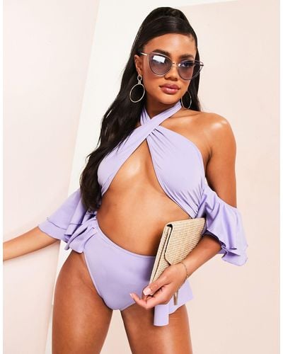 ASOS Cross Neck Ruffle Sleeve Bikini Top - Purple