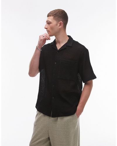 TOPMAN Short Sleeve Relaxed Open Weave Crochet Shirt - Black