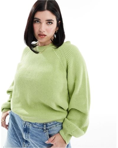ASOS Asos Design Curve Plaited Sweater With Balloon Sleeve - Green