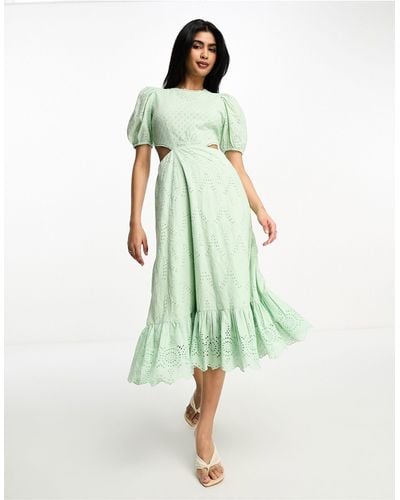 French Connection Broderie Midi Dress With Cut Out - Green