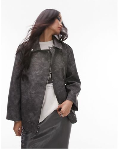 TOPSHOP Faux Leather Washed Look Easy Oversized Biker Jacket - Grey
