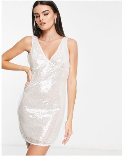 Annorlunda Plunge Sheer Sequin Mini Dress - White
