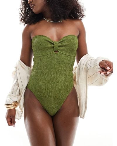 Miss Selfridge Crinkle Bandeau Open Back Swimsuit - Green