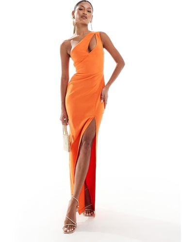 Vesper One Shoulder Cut Out Detail Front Split Maxi Dress - Orange