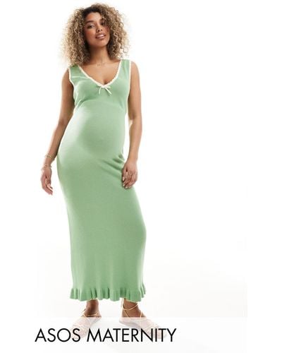 ASOS Asos Design Maternity Knitted Moss Stitch Maxi Dress With Contrast Trims - Green