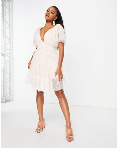 LACE & BEADS Plunge Hem Mini Dress - White