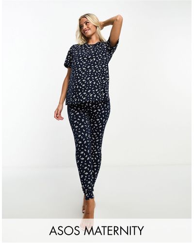 ASOS Esclusiva maternity - pigiama con stampa a fiorellini composto da leggings e t-shirt per l'allattamento - Blu
