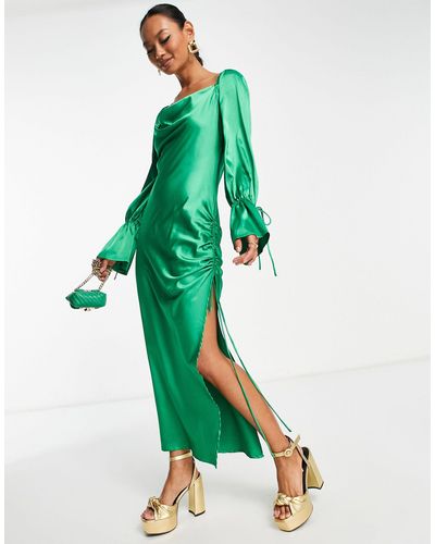 EI8TH HOUR Midi-jurk Van Gedrapeerd Satijn Met Split Aan - Groen