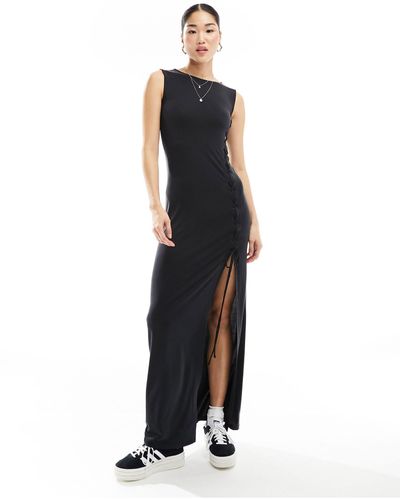 Weekday Ira Boatneck Maxi Dress With Tie Split Side - Black