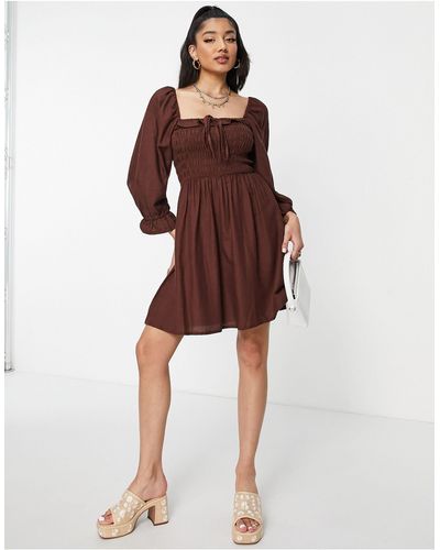 New Look 3/4 Sleeve Square Neck Shirred Frill Mini Dress - Brown