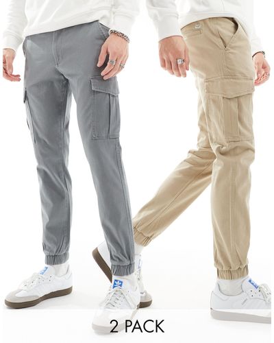 Jack & Jones Confezione da 2 paia di pantaloni cargo beige e grigi con fondo elasticizzato - Bianco