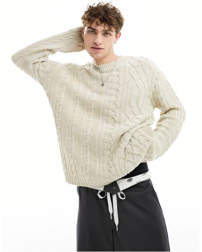 Collusion Plated Mixed Cable Crew Neck Sweater - White