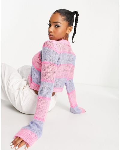 Miss Selfridge Bright Stripe Open Knit Crop Sweater - Pink
