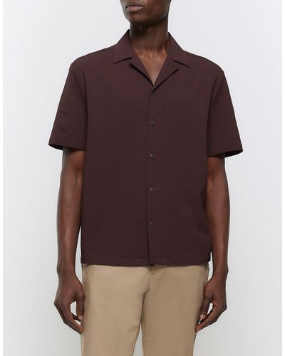 River Island Regular Fit Seersucker Revere Shirt - Brown