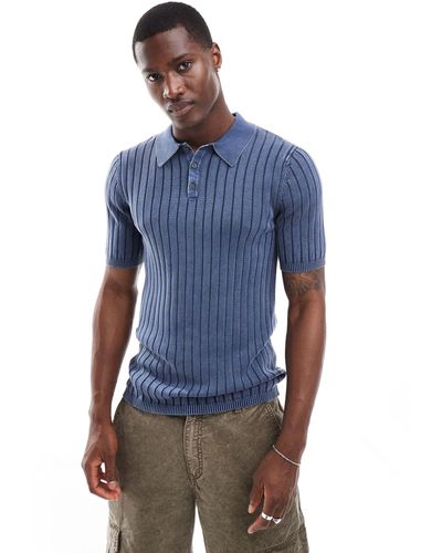 ASOS Muscle Knitted Wide Rib Polo - Blue