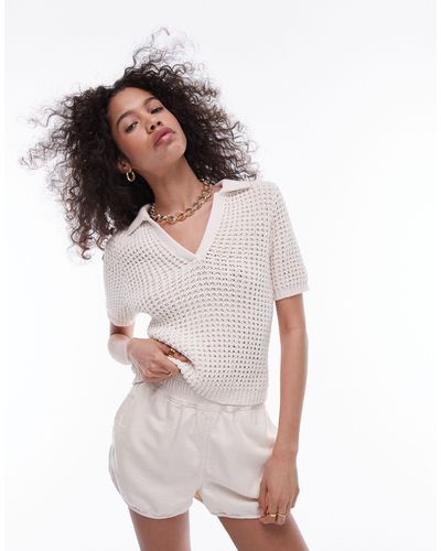 TOPSHOP Knitted Chunky Polo Top - White