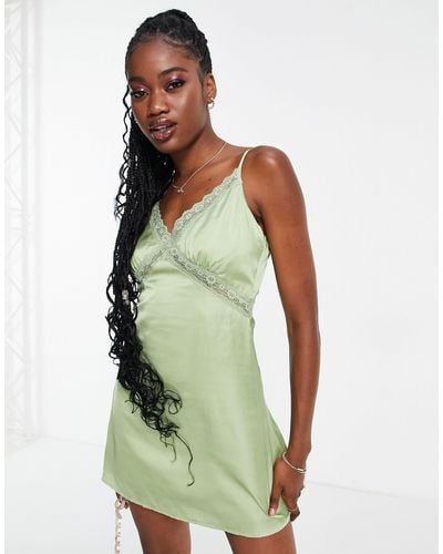Love Triangle Satin Cami Dress With Lace Trim - Green