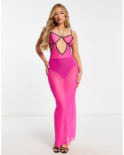 ASOS Cut Out Mesh Maxi Beach Dress With Contrast Binding - Pink