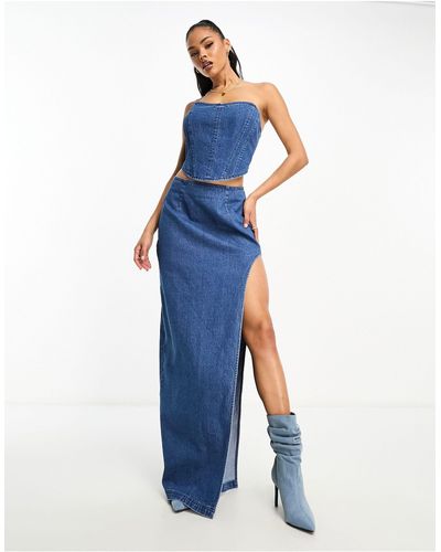 AFRM Nadia - jupe longue en jean d'ensemble à taille haute - moyen délavé - Bleu