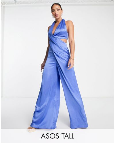 ASOS Tall Drape Cross Front Halter Jumpsuit With Cut Out - Blue