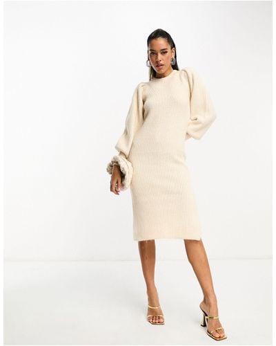 French Connection Puff Sleeve Knit Midi Dress - Natural