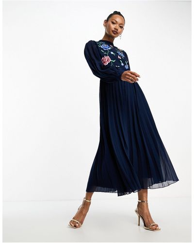 ASOS High-neck Pleated Long-sleeved Skater Midi Dress With Embroidery - Blue