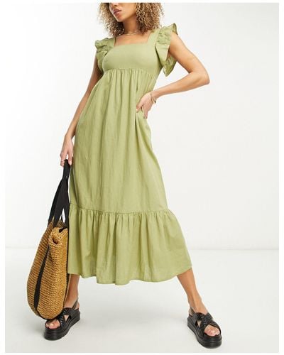 Accessorize Frill Shoulder Texture Midi Beach Summer Dress - Green