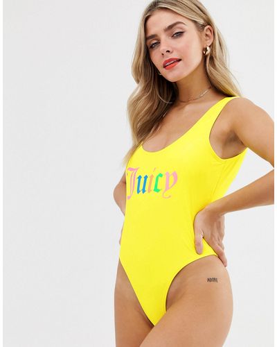 Juicy Couture – Badeanzug mit Regenbogen-Logo - Gelb