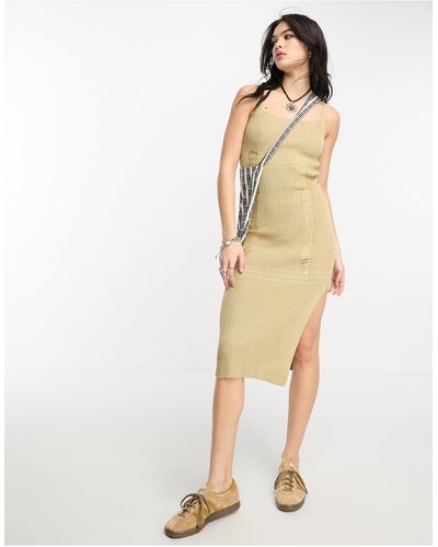 Reclaimed (vintage) Midi Knitted Dress With Stitch Distressing - Natural