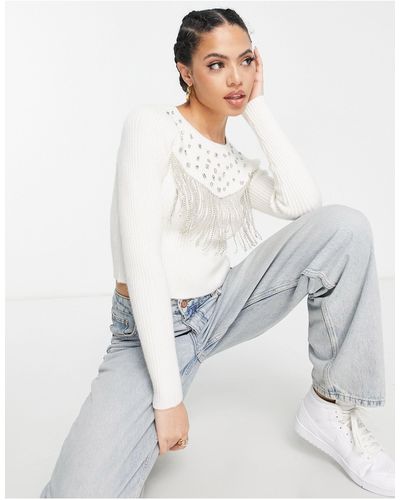 ASOS Sweater With Embellished Stones And Fringe Detail - White