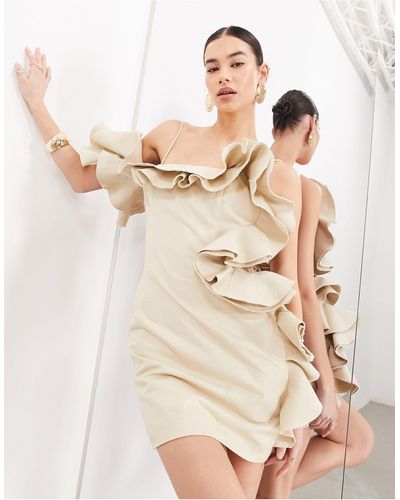ASOS Premium Structured Raw Edge Ruffle Bandeau Mini Dress - Natural