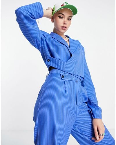 Collusion Cropped Blazer With Wrap Detail - Blue