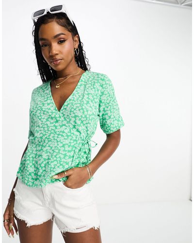 Pieces Puff Sleeve Tie Side Blouse Co-ord - Green