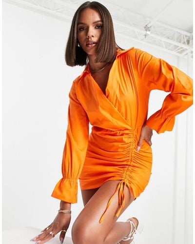 I Saw It First Ruched Side Shirt Dress - Orange