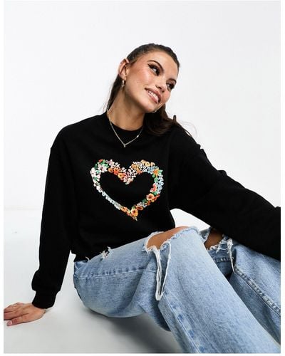 Monki Heart Print Round Neck Long Sleeve Sweatshirt - Black