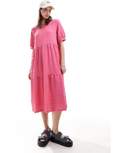 Monki Midi Smock Dress With Tiered Hem - Pink