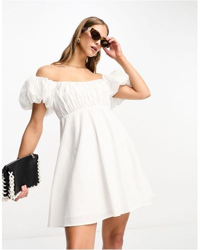 Abercrombie & Fitch Scoop Neck Ruched Puff Sleeve Dress - White