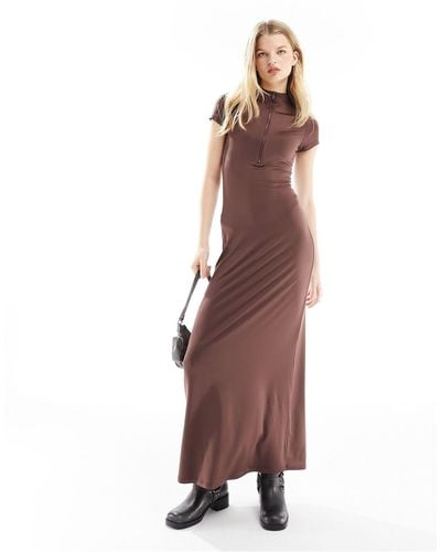 Collusion Funnel Neck Cap Sleeve Maxi Dress - Brown