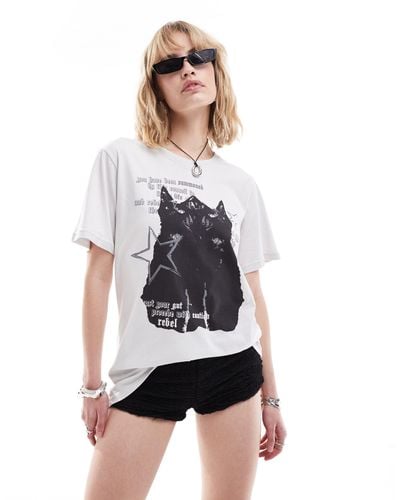 Minga London Oversized T-shirt With Black Cat Graphics - White