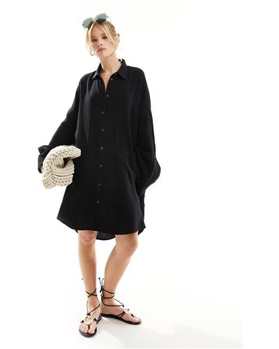 ASOS Double Cloth Oversized Shirt Dress With Dropped Pockets - Black
