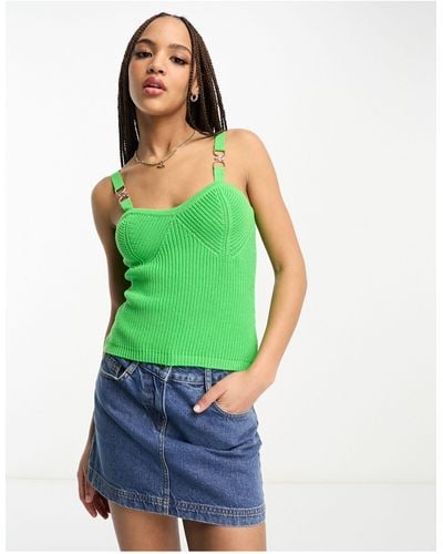 Morgan Ribbed Knitted Top With Gold Clasp Detail - Green