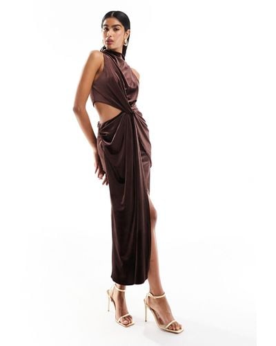 ASOS Velvet High Neck Drape Minimal Cut Out Midi Dress - Brown